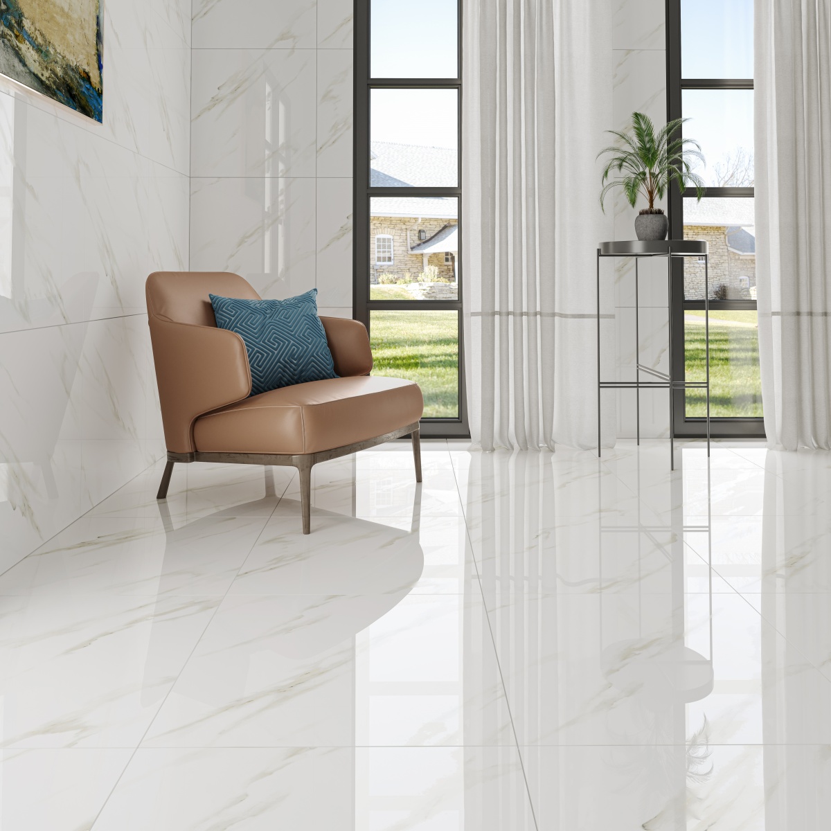 600 x 600 Calcutta White Marble Effect Gloss Glazed Vitrified Porcelain Floor and Wall Tile