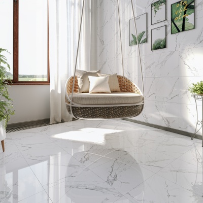 600 x 600 Kanas Carrara White Marble Effect Gloss Glazed Vitrified Porcelain Floor and Wall Tile